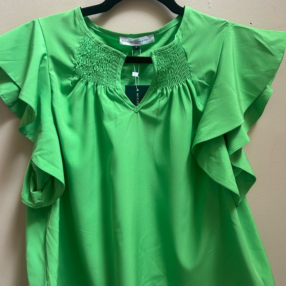 Green Flutter Sleeve Smocked Blouse
